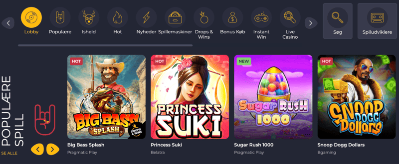 Spillelobbyen på den officielle hjemmeside for Rolling Slots